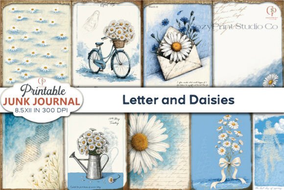Letter and Daisies Junk Journal Pages: A Floral Design Asset