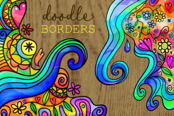 Vibrant Watercolor Ink Folk Art Doodle Borders