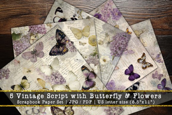 Vintage Script & Butterfly Scrapbook Set: Timeless Design Assets